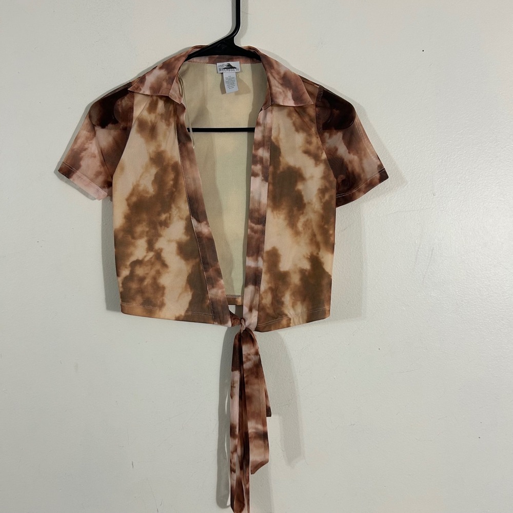 West of Melrose Tie Front Crop Top Women XS Brown Tan Mesh Y2K Boho
